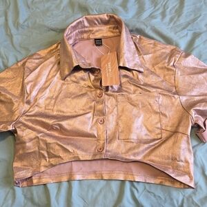 Shein Sexy Button Front Crop Metallic Blouse Color- Pink Size- Large